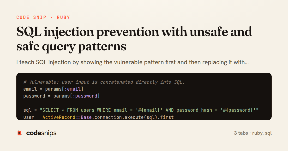 SQL injection prevention with unsafe and safe query patterns — share card