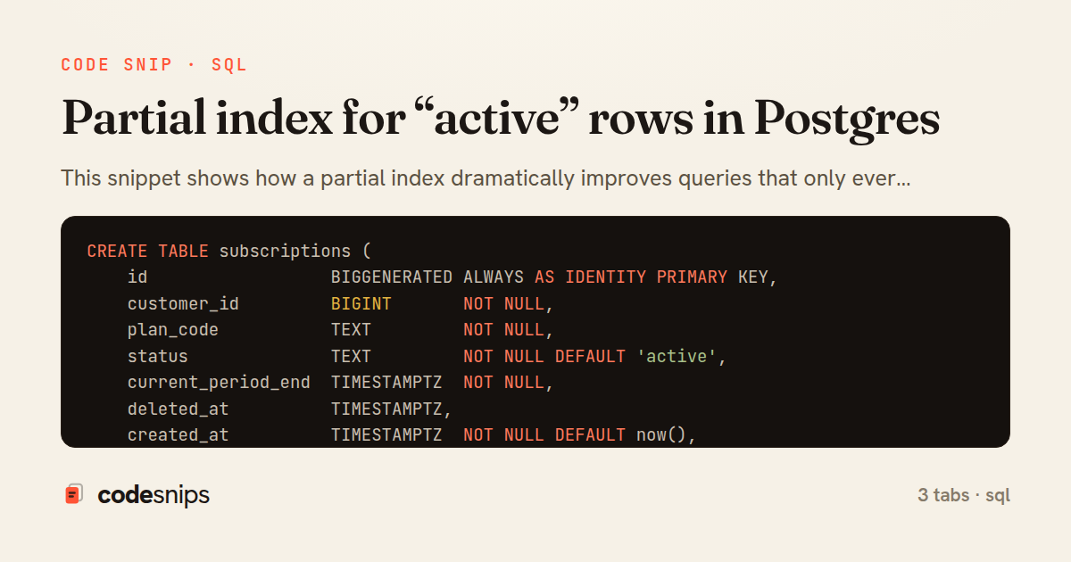 Partial index for “active” rows in Postgres — share card