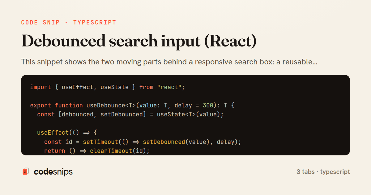 Debounced search input (React) — share card