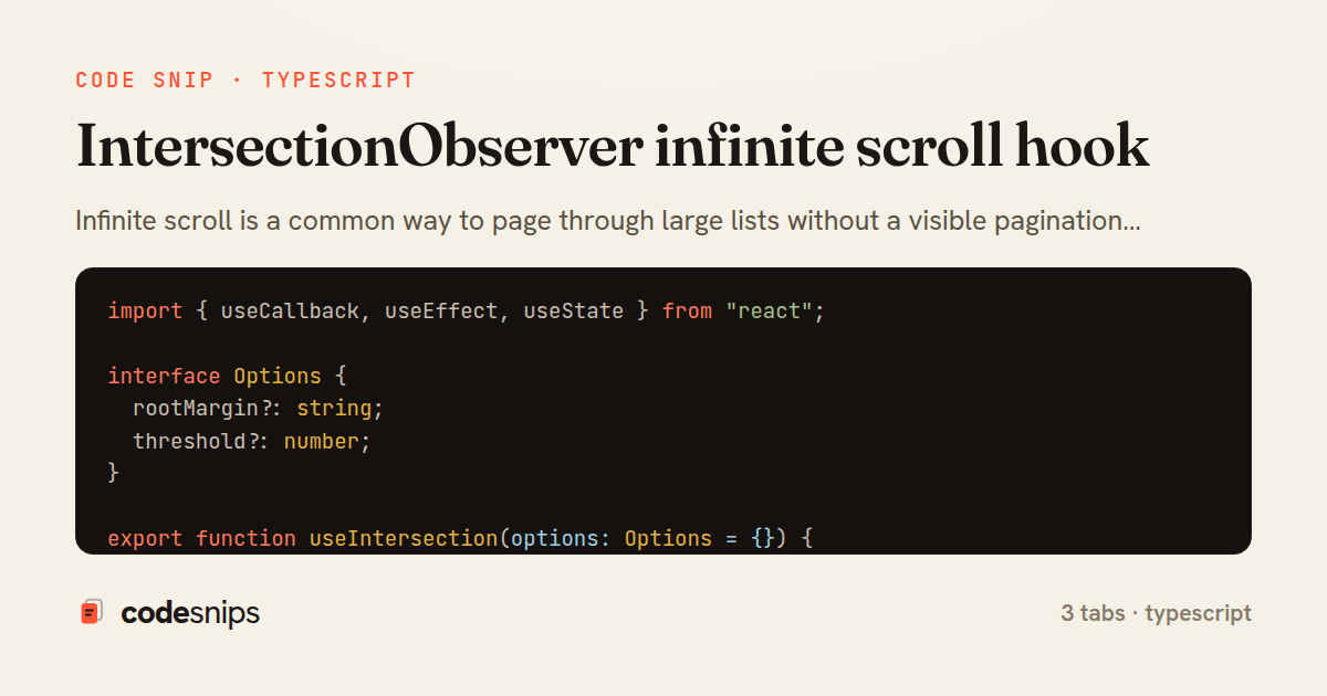 IntersectionObserver infinite scroll hook — share card