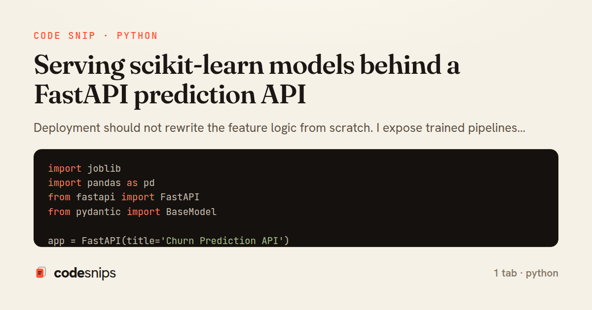 Serving scikit-learn models behind a FastAPI prediction API — share card