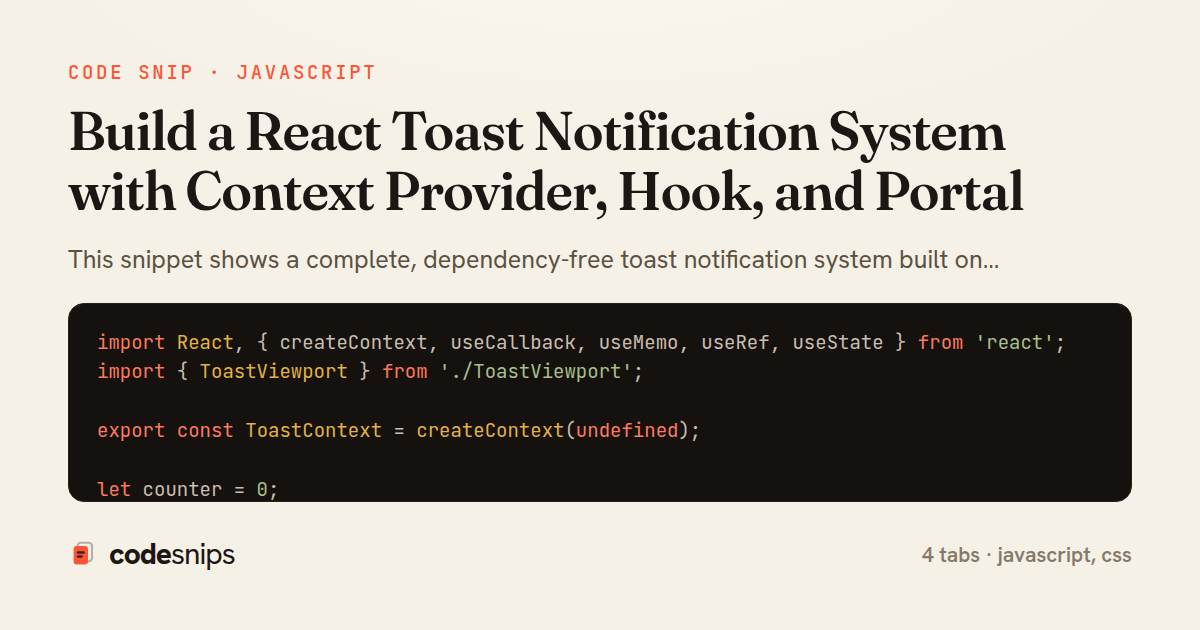 Build a React Toast Notification System with Context Provider, Hook, and Portal — share card