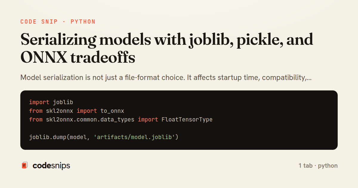 Serializing models with joblib, pickle, and ONNX tradeoffs — share card