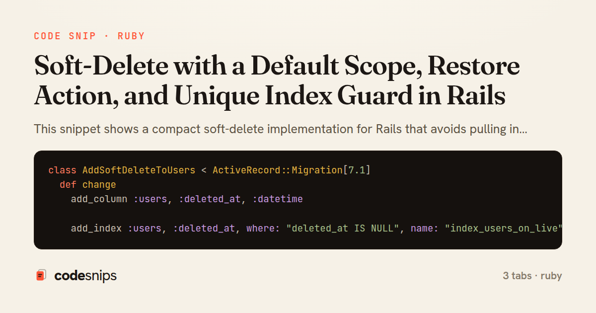 Soft-Delete with a Default Scope, Restore Action, and Unique Index Guard in Rails — share card