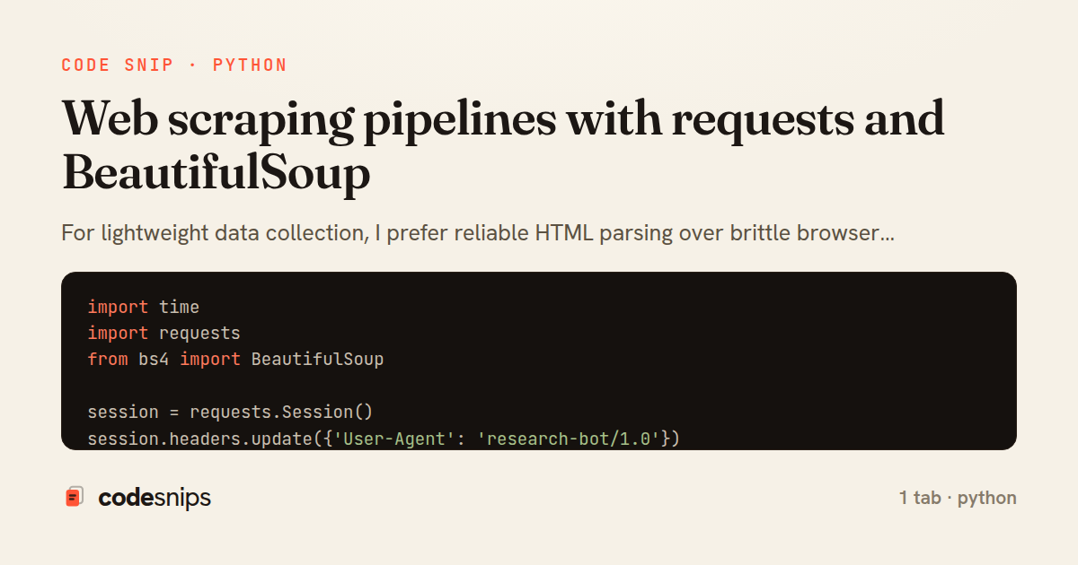 Web scraping pipelines with requests and BeautifulSoup — share card