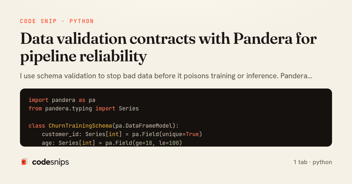 Data validation contracts with Pandera for pipeline reliability — share card