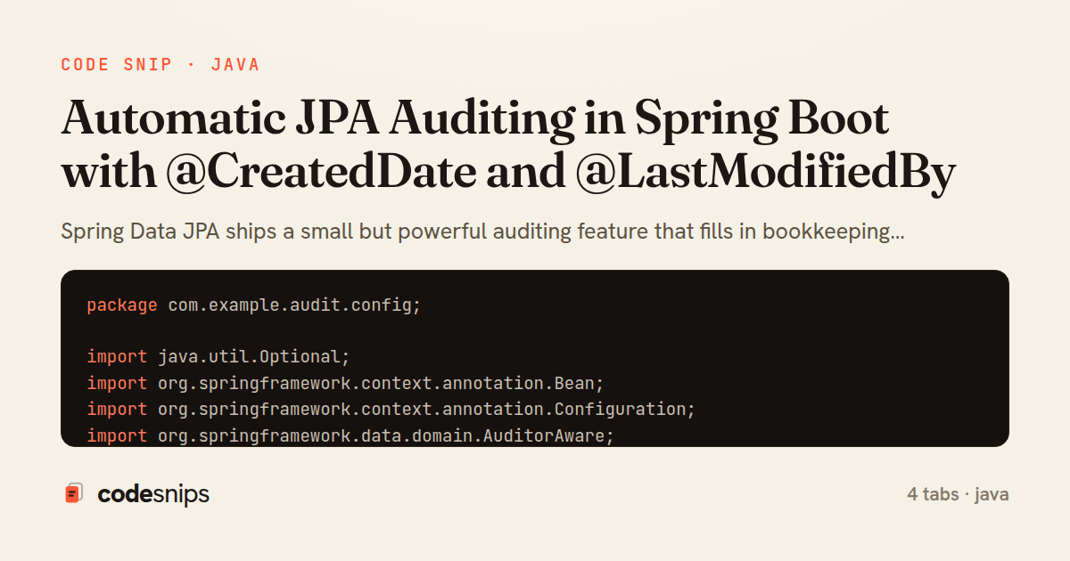 Automatic JPA Auditing in Spring Boot with @CreatedDate and @LastModifiedBy — share card