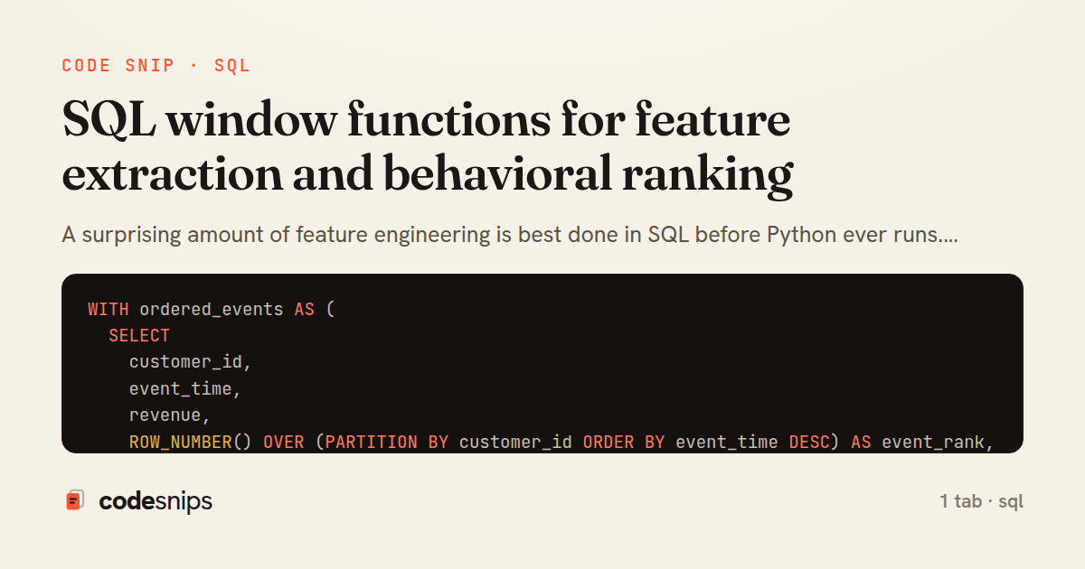 SQL window functions for feature extraction and behavioral ranking — share card
