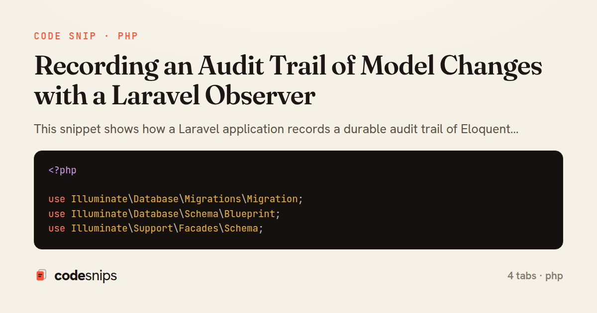 Recording an Audit Trail of Model Changes with a Laravel Observer — share card