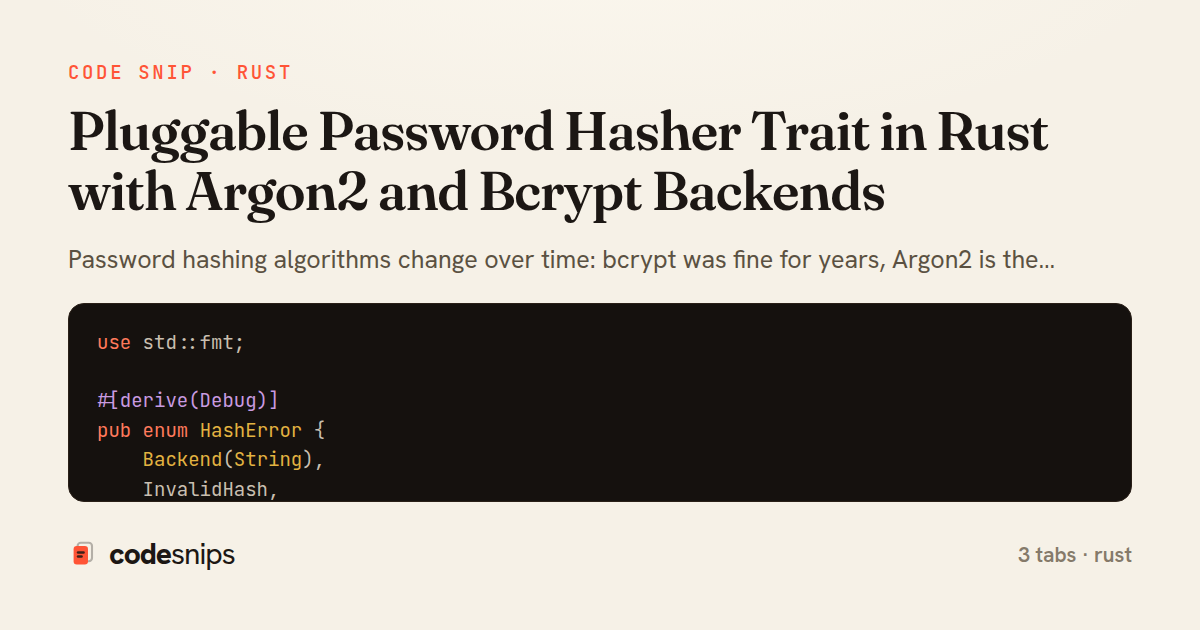Pluggable Password Hasher Trait in Rust with Argon2 and Bcrypt Backends — share card