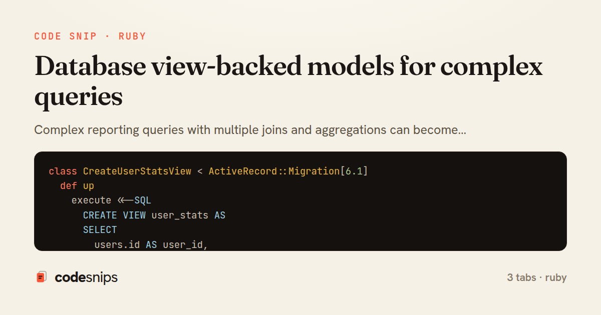 Database view-backed models for complex queries — share card