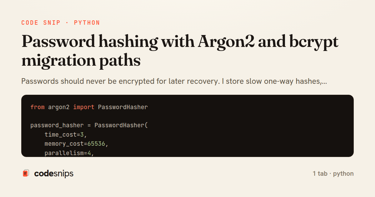 Password hashing with Argon2 and bcrypt migration paths — share card