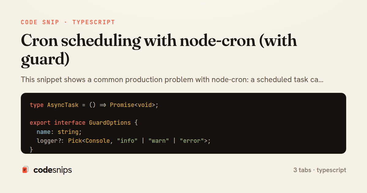 Cron scheduling with node-cron (with guard) — share card