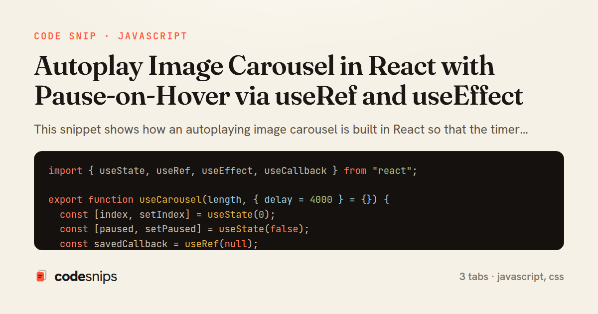 Autoplay Image Carousel in React with Pause-on-Hover via useRef and useEffect — share card