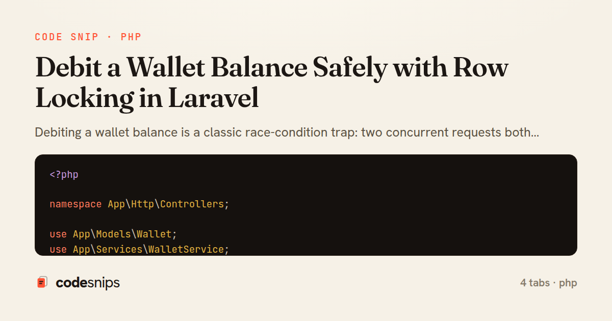Debit a Wallet Balance Safely with Row Locking in Laravel — share card