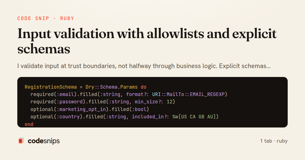 Input validation with allowlists and explicit schemas — share card