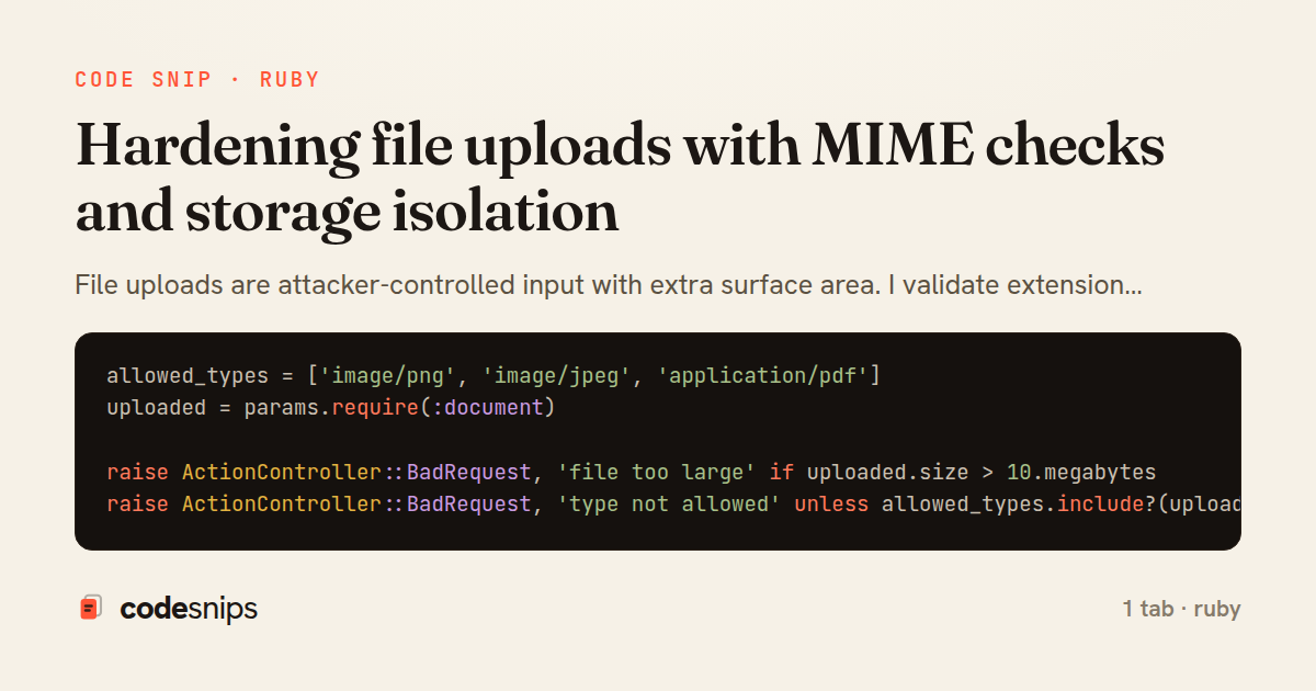 Hardening file uploads with MIME checks and storage isolation — share card