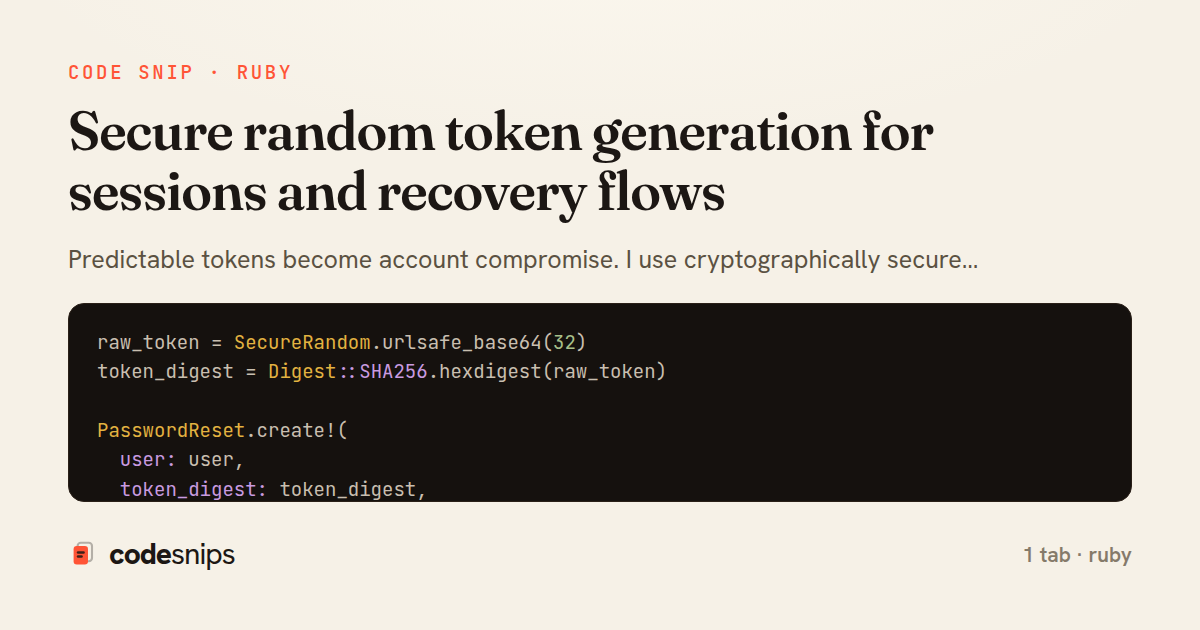 Secure random token generation for sessions and recovery flows — share card