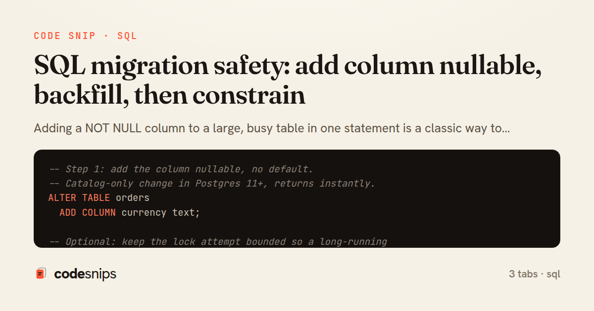 SQL migration safety: add column nullable, backfill, then constrain — share card