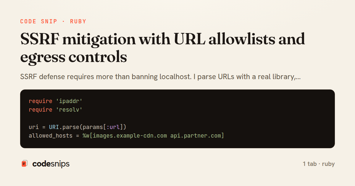 SSRF mitigation with URL allowlists and egress controls — share card