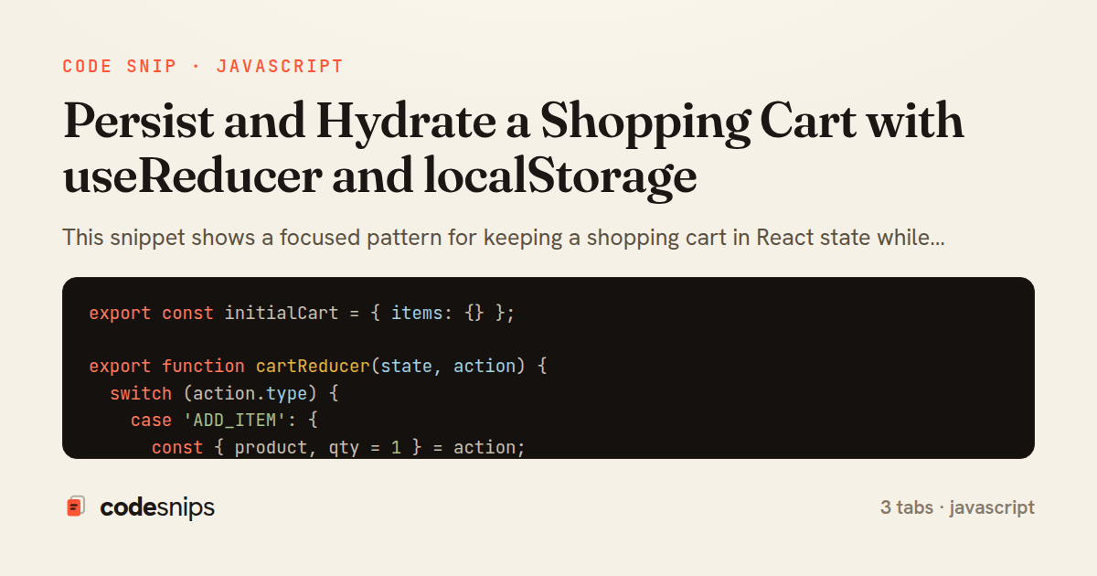 Persist and Hydrate a Shopping Cart with useReducer and localStorage — share card