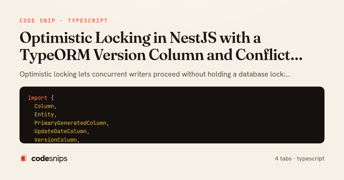 Optimistic Locking in NestJS with a TypeORM Version Column and Conflict Exception Filter — share card