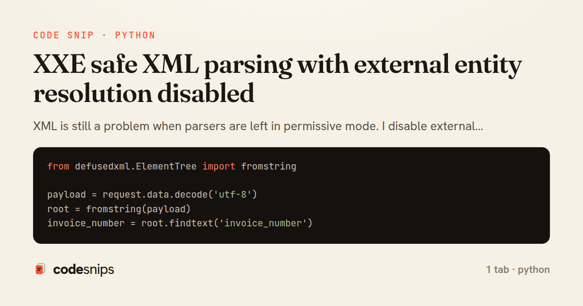 XXE safe XML parsing with external entity resolution disabled — share card