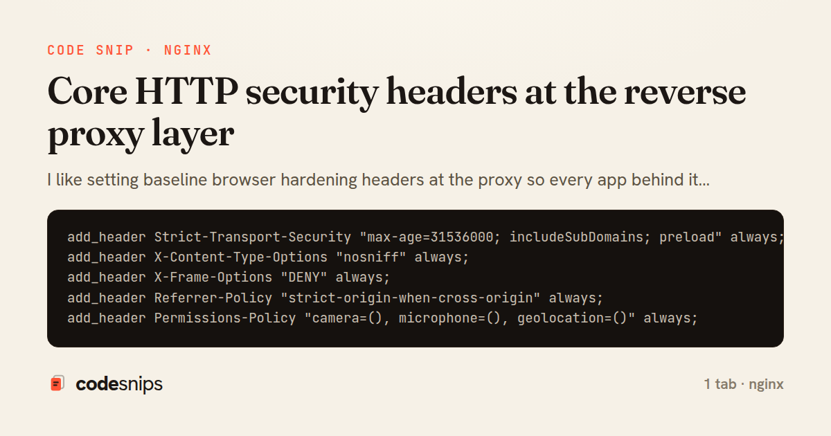 Core HTTP security headers at the reverse proxy layer — share card