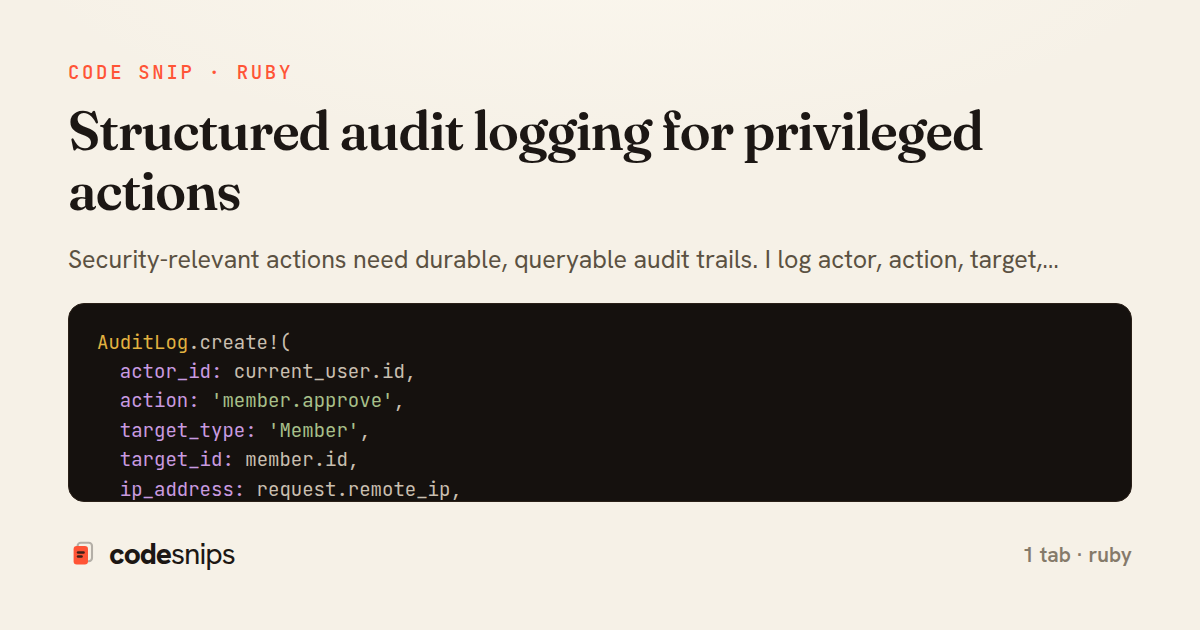 Structured audit logging for privileged actions — share card