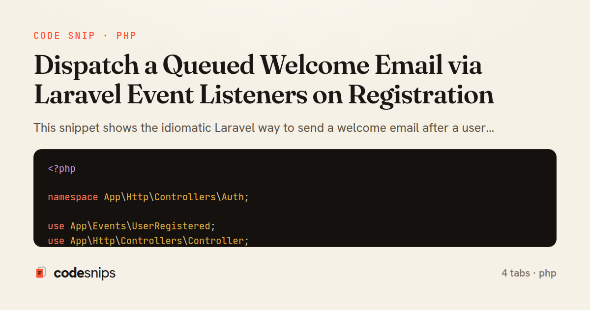 Dispatch a Queued Welcome Email via Laravel Event Listeners on Registration — share card