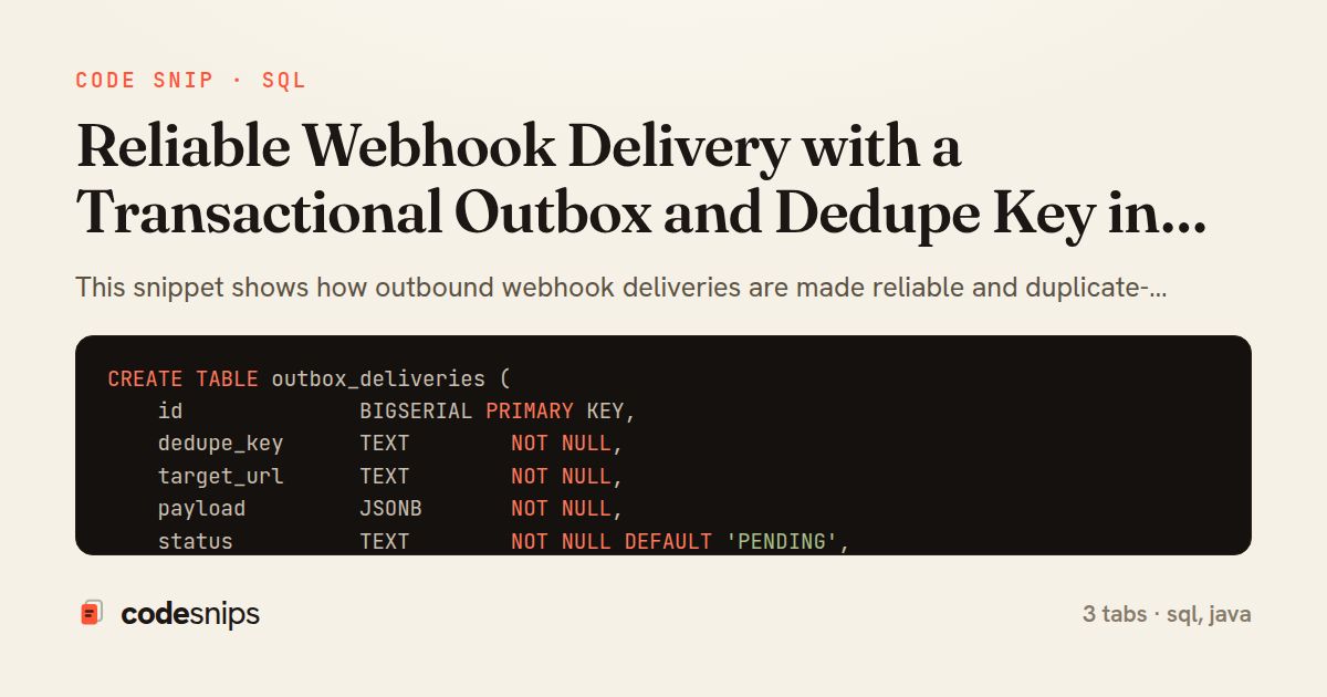 Reliable Webhook Delivery with a Transactional Outbox and Dedupe Key in Spring Boot — share card