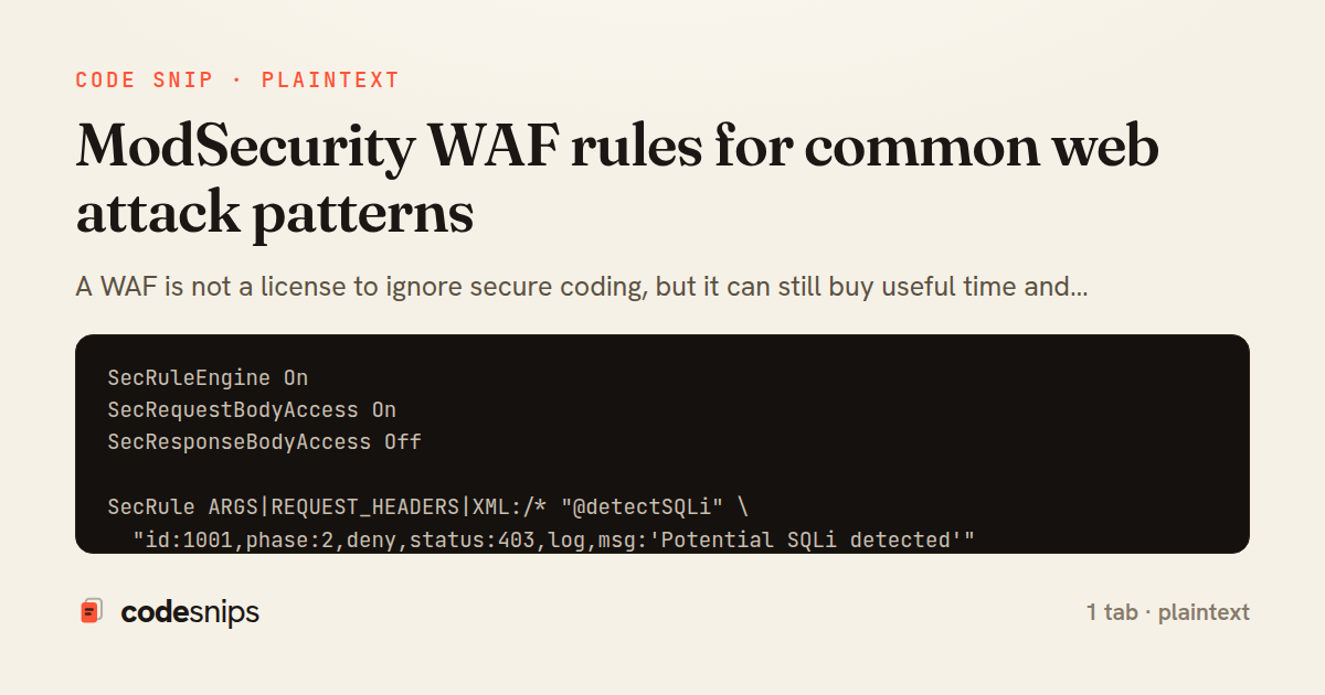 ModSecurity WAF rules for common web attack patterns — share card