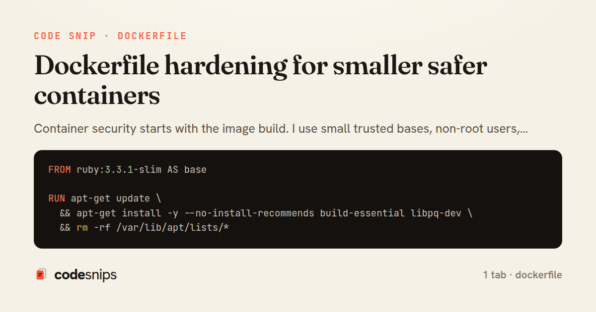 Dockerfile hardening for smaller safer containers — share card