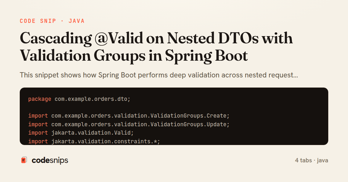 Cascading @Valid on Nested DTOs with Validation Groups in Spring Boot — share card