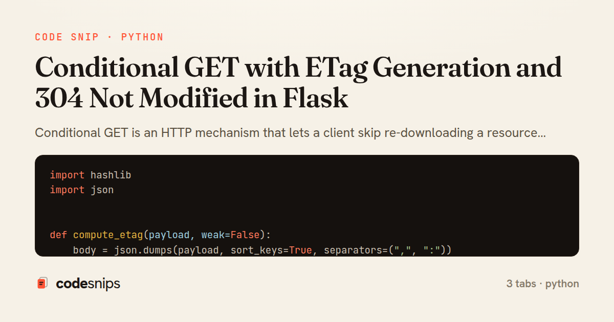 Conditional GET with ETag Generation and 304 Not Modified in Flask — share card