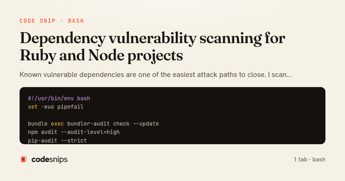 Dependency vulnerability scanning for Ruby and Node projects — share card