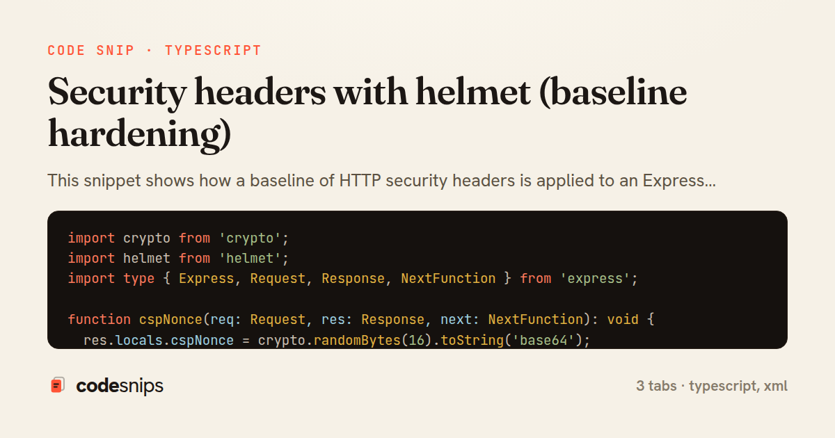 Security headers with helmet (baseline hardening) — share card