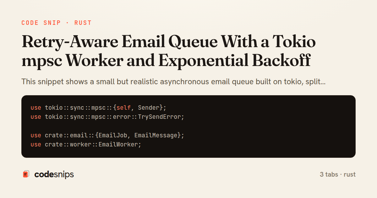 Retry-Aware Email Queue With a Tokio mpsc Worker and Exponential Backoff — share card