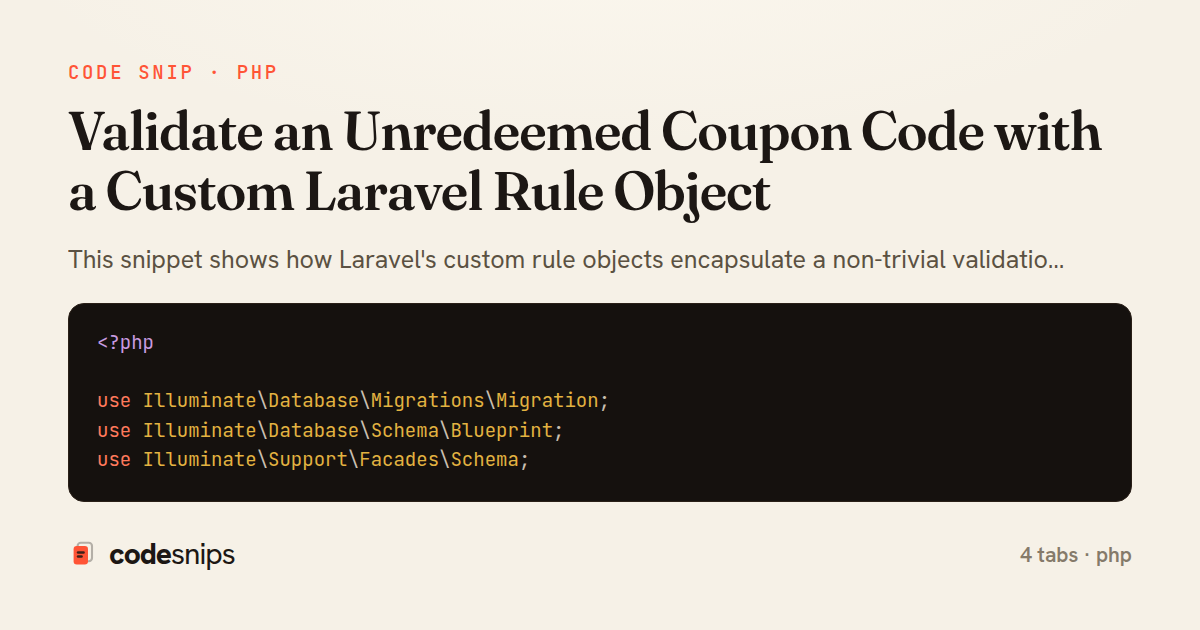 Validate an Unredeemed Coupon Code with a Custom Laravel Rule Object — share card