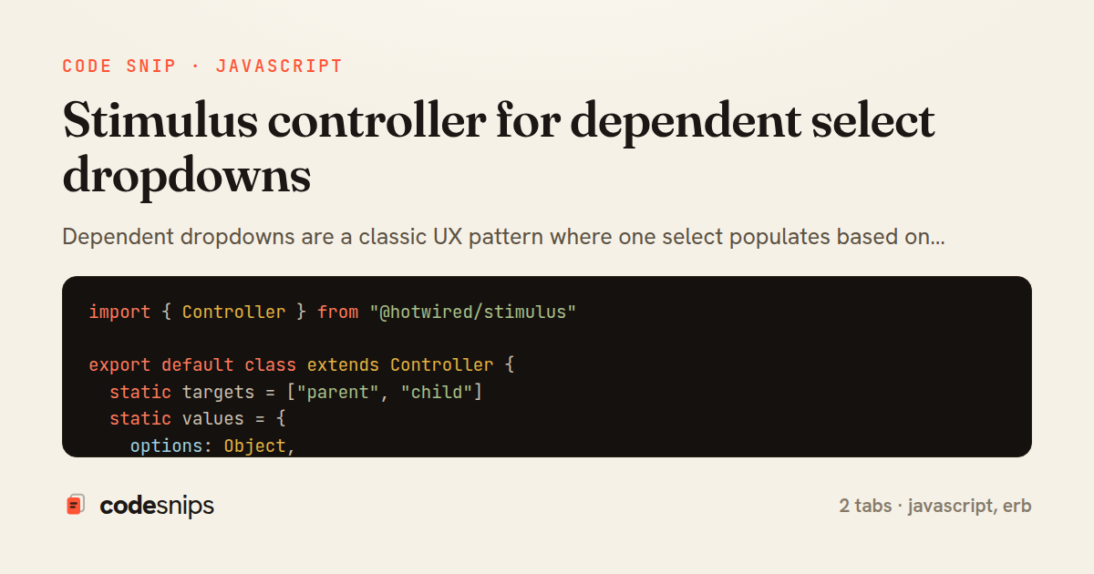 Stimulus controller for dependent select dropdowns — share card