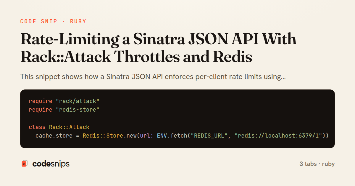 Rate-Limiting a Sinatra JSON API With Rack::Attack Throttles and Redis — share card