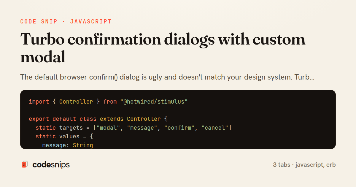 Turbo confirmation dialogs with custom modal — share card