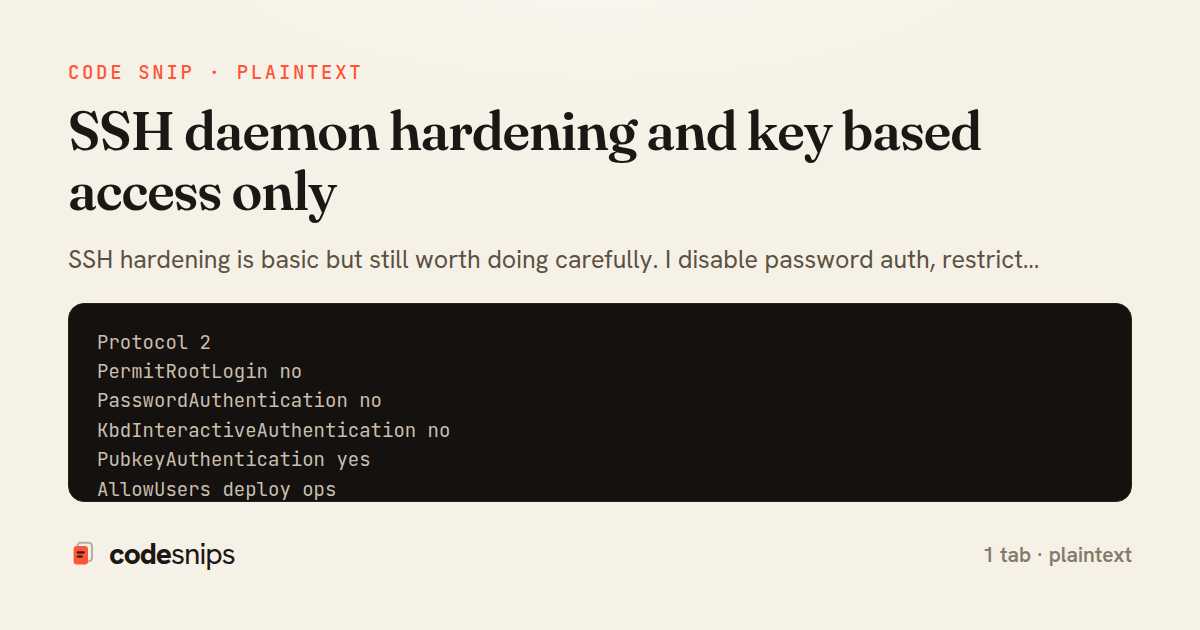 SSH daemon hardening and key based access only — share card