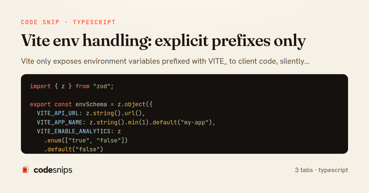 Vite env handling: explicit prefixes only — share card