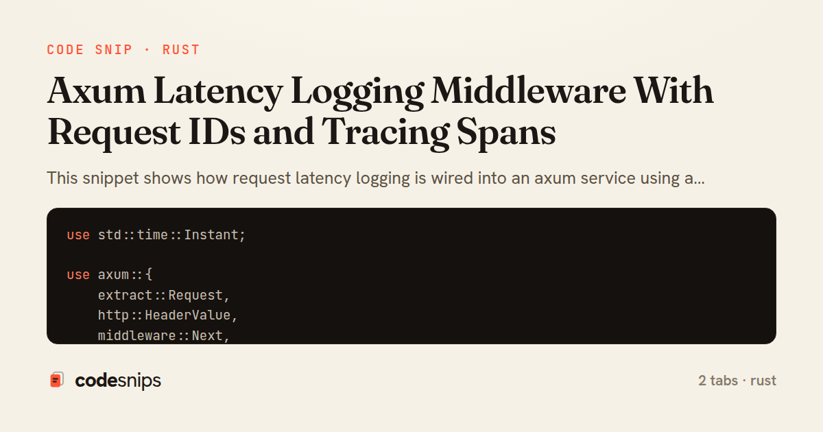 Axum Latency Logging Middleware With Request IDs and Tracing Spans — share card