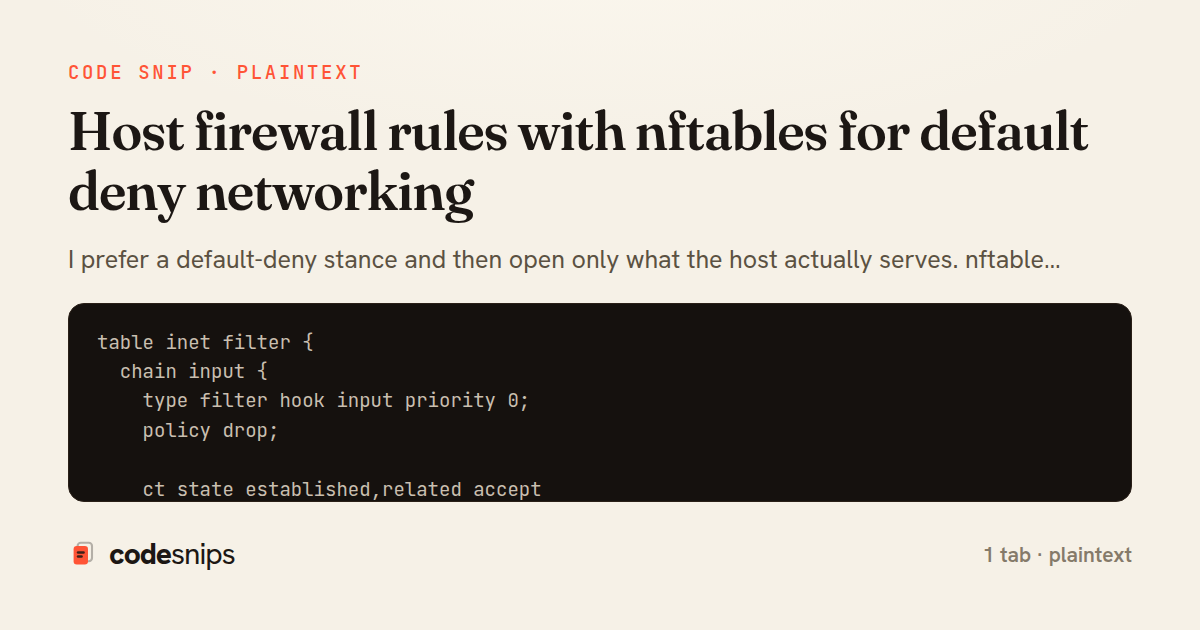 Host firewall rules with nftables for default deny networking — share card