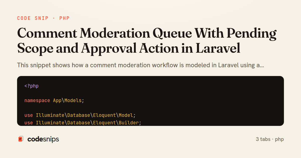 Comment Moderation Queue With Pending Scope and Approval Action in Laravel — share card