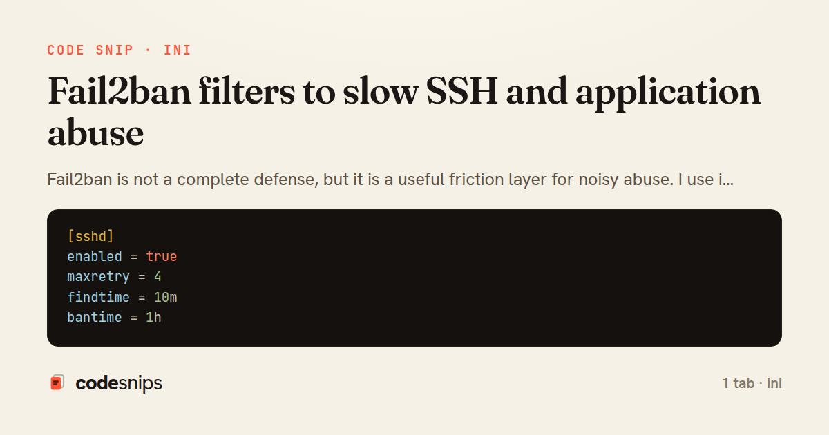 Fail2ban filters to slow SSH and application abuse — share card
