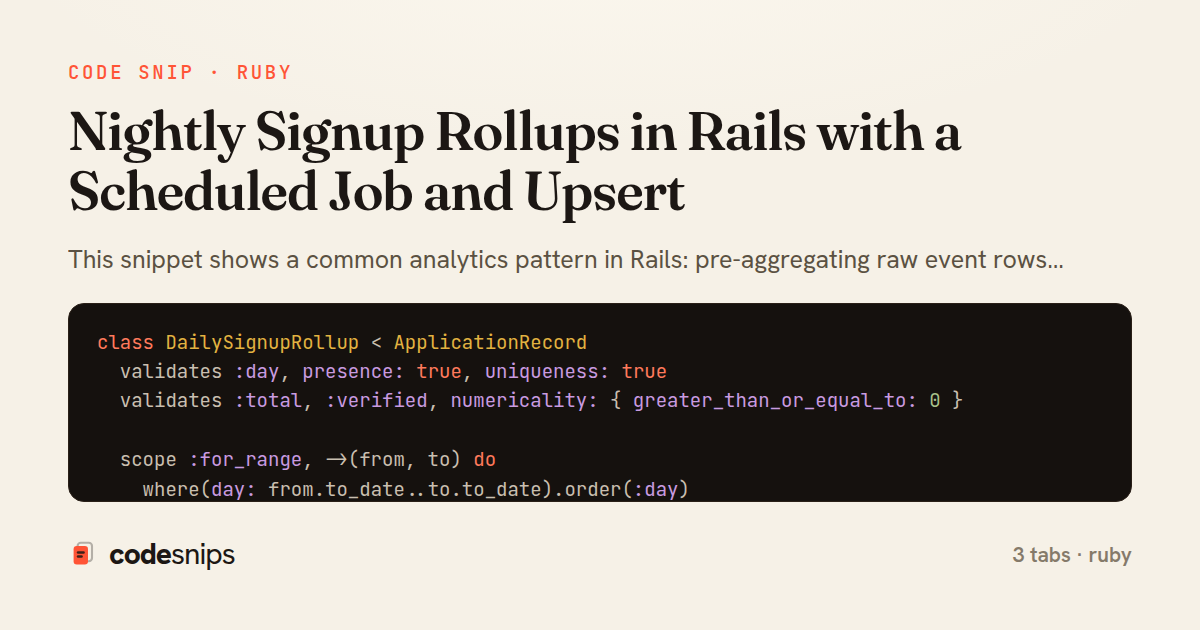 Nightly Signup Rollups in Rails with a Scheduled Job and Upsert — share card