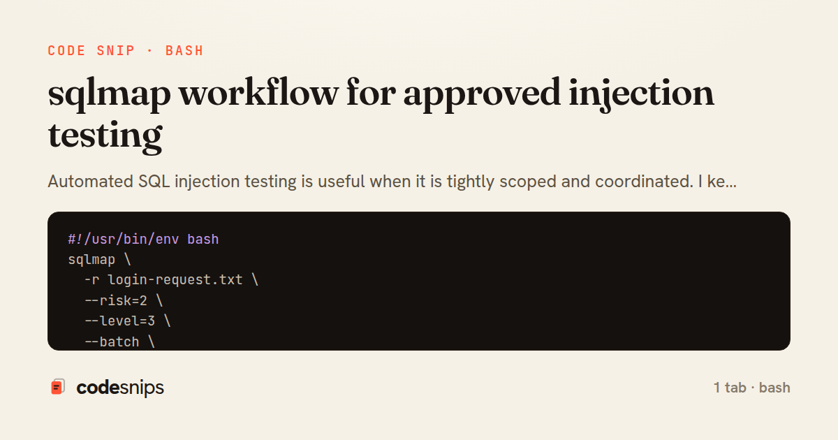 sqlmap workflow for approved injection testing — share card